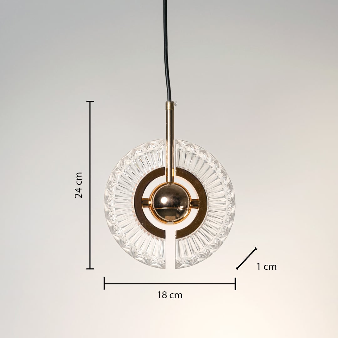 Crystal halo pendant light turned off with precise measurements showing height 24 cm width 18 cm and glass thickness 1 cm elegant circular design with central metallic sphere.