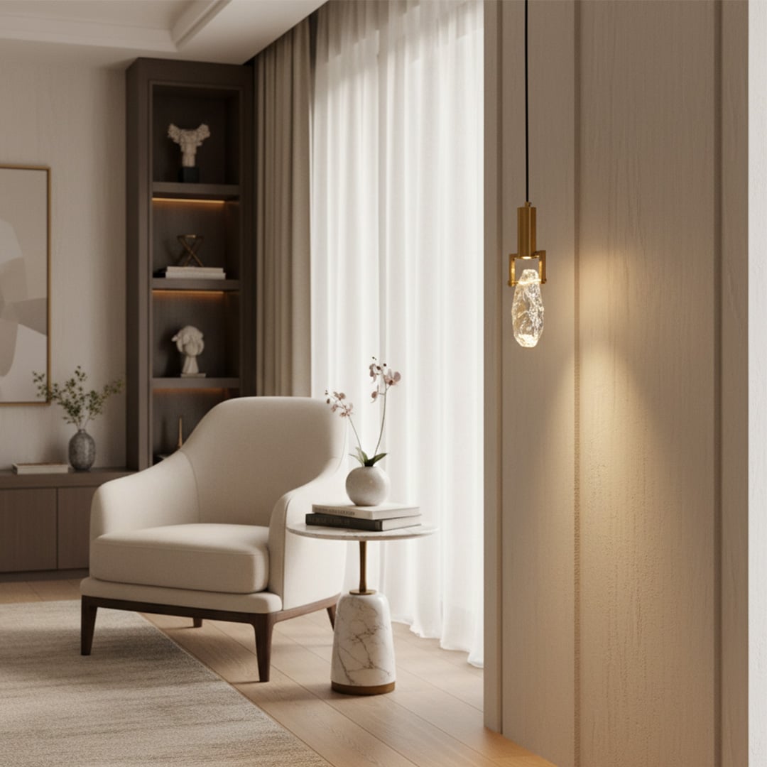 Minimal pendant light with clear glass shade and metal body hanging in corner adding elegant accent lighting to living space.