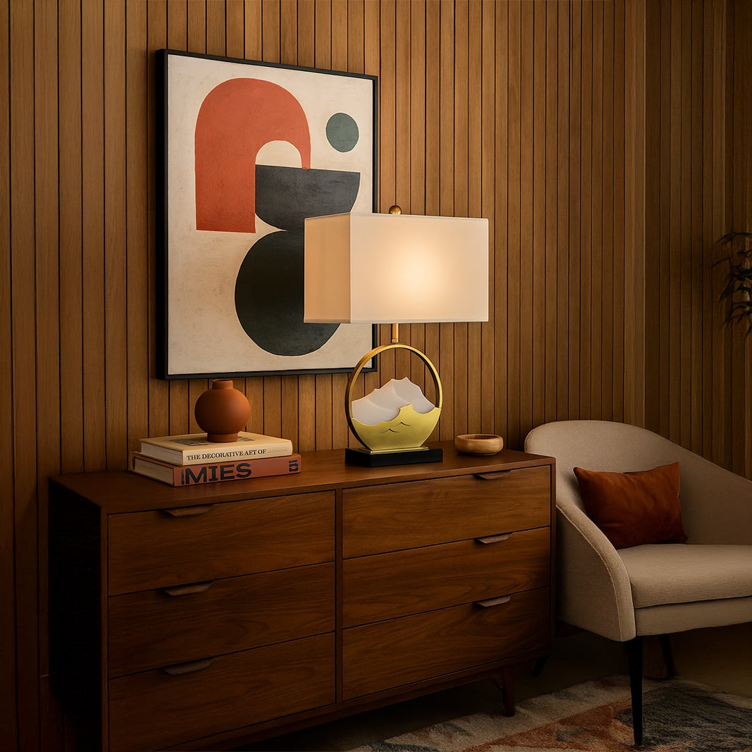 Table lamp with gold metal frame black base and rectangular fabric shade styled on a wooden dresser creating warm ambient lighting in a modern living space.