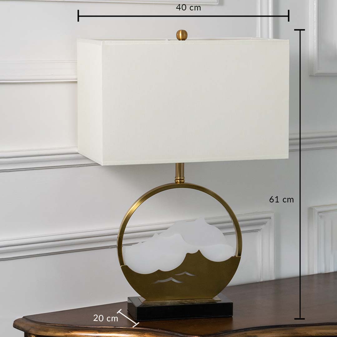 Gold metal table lamp with mountain inspired base and rectangular shade shown with clear dimensions of 40 cm width 61 cm height and 20 cm depth ideal for bedside or console placement.