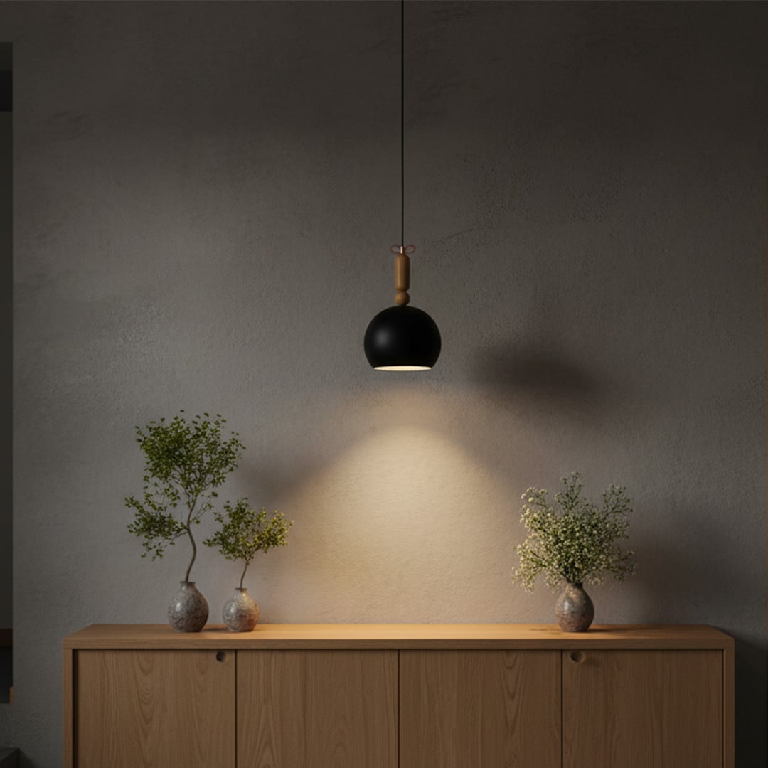 Modern black pendant light installed above a wooden console casting warm focused light on the wall creating a calm minimalist interior setting.