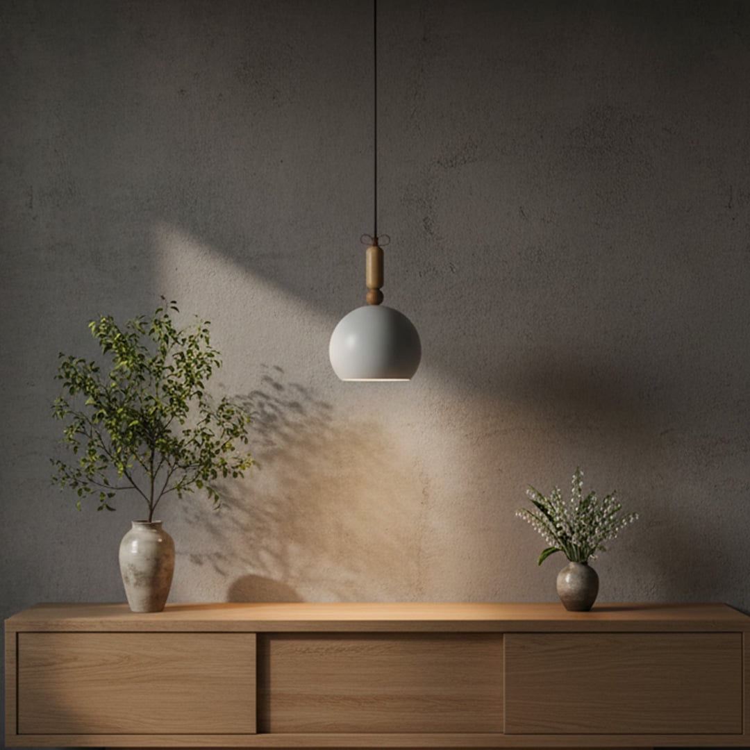 Lifestyle image of pendant light with metal body and grey shade hanging above wooden console adding warm ambient lighting to modern interior.