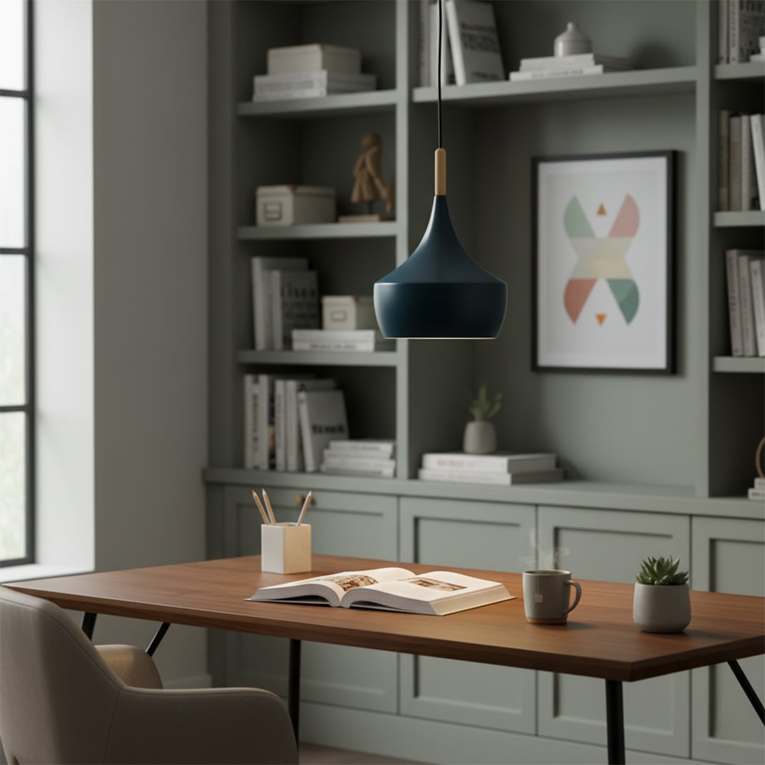 Colorful pendant lights in a modern dining space including black green yellow red and orange lights hanging over a wooden table.