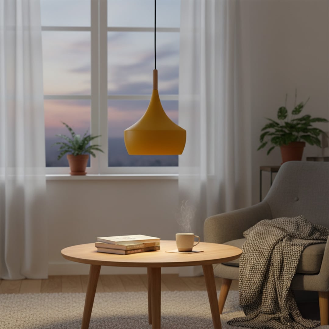 Modern pendant lights grouped in multiple colors for stylish dining and living room interiors.