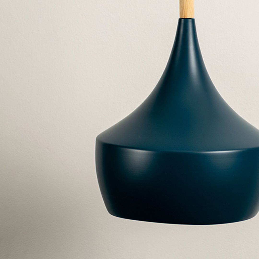 Teal blue metal pendant light with smooth rounded shade and wooden top displayed on white background for modern ceiling lighting.