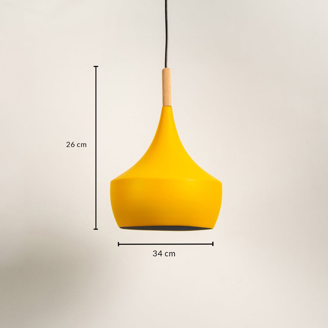 Yellow pendant light with wooden top measuring 26 cm in height and 34 cm in width on a neutral background.