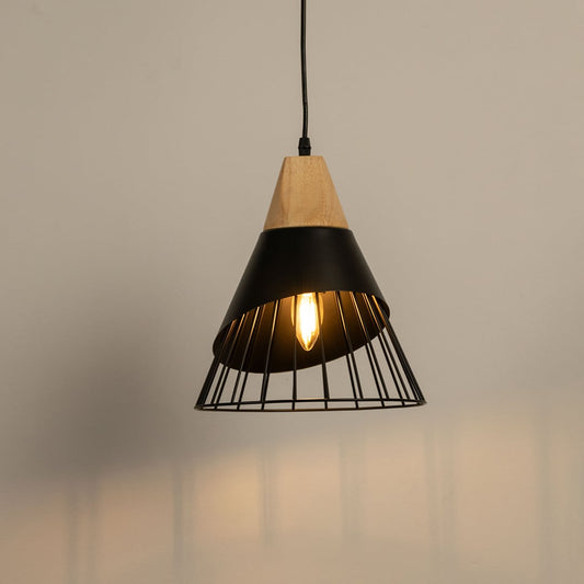 Pendant light with a wooden top and black wire cage glowing softly against a clean white background highlighting its modern design.