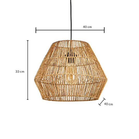 Jute pendant light with handwoven shade shown with size 33cm height and 40cm width on white background for details.