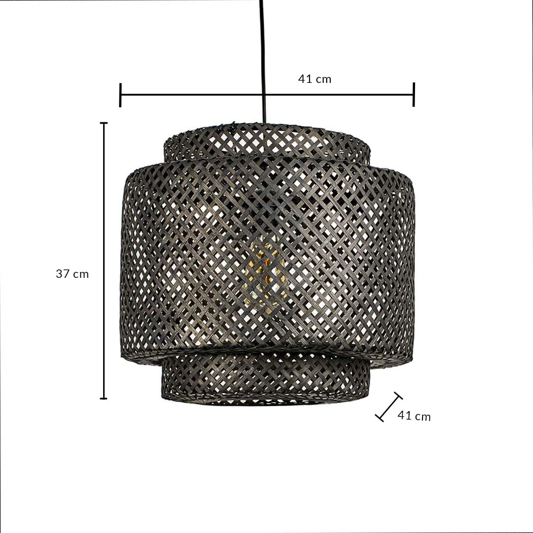 Black woven pendant light showing 32 cm height 30 cm width and 20 cm depth measured clearly for ceiling hanging use.