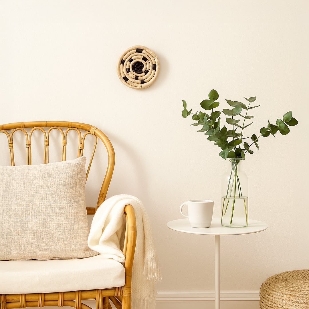 Small woven wall basket styled above side table with chair and plant adding soft handcrafted detail to minimalist home Decor.