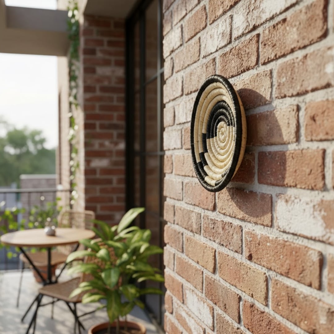Woven round wall basket mounted on brick wall near patio seating adding rustic texture and natural charm to outdoor Decor.