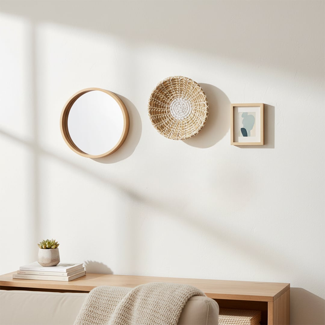 Handcrafted round wall decor in natural woven finish mounted above wooden console adding soft texture and calm boho charm to living room.