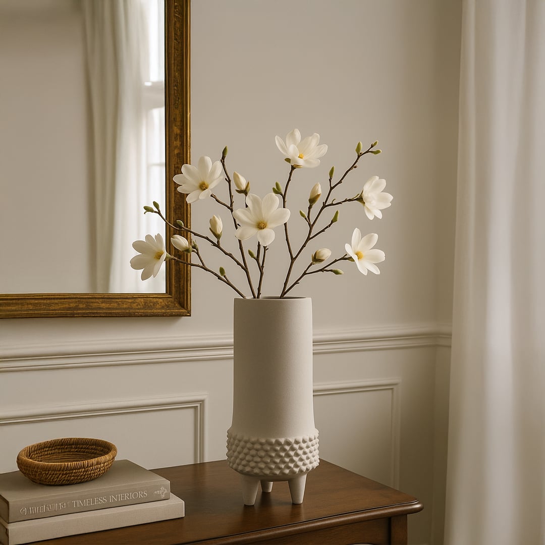 Beige ceramic textured vase with dotted base placed in elegant living room setting for modern home decoration.
