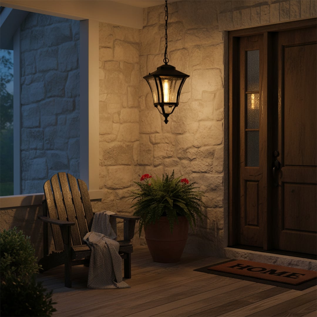 Black hanging outdoor lantern with light on illuminating a cozy porch with stone wall wooden door and chair creating a warm inviting evening ambiance for home exteriors.
