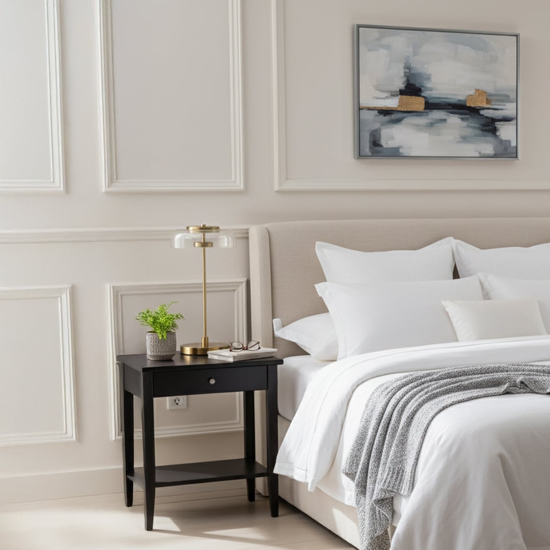 Gold and glass table lamp with a clear dome shade placed on a black bedside table creating soft warm lighting in a bright modern bedroom with white bedding.