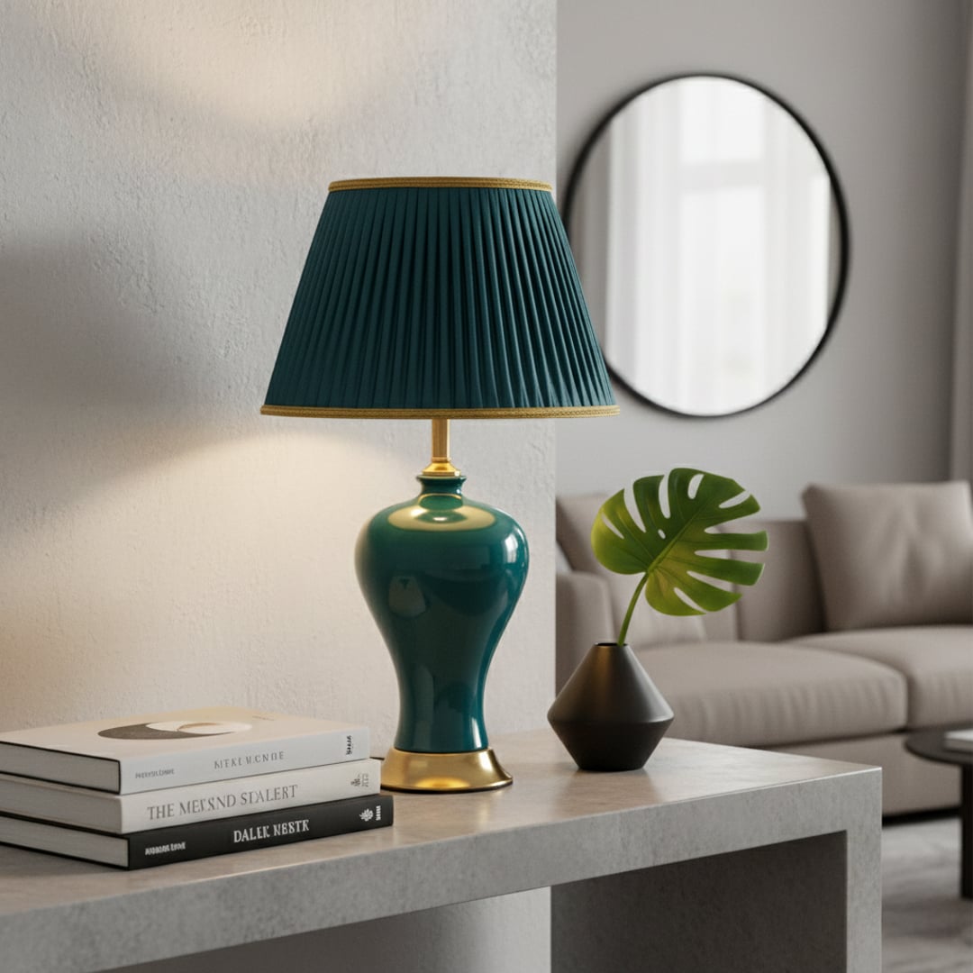 Teal ceramic table lamp with glossy glazed body gold metal base and pleated fabric shade styled on living room side table.