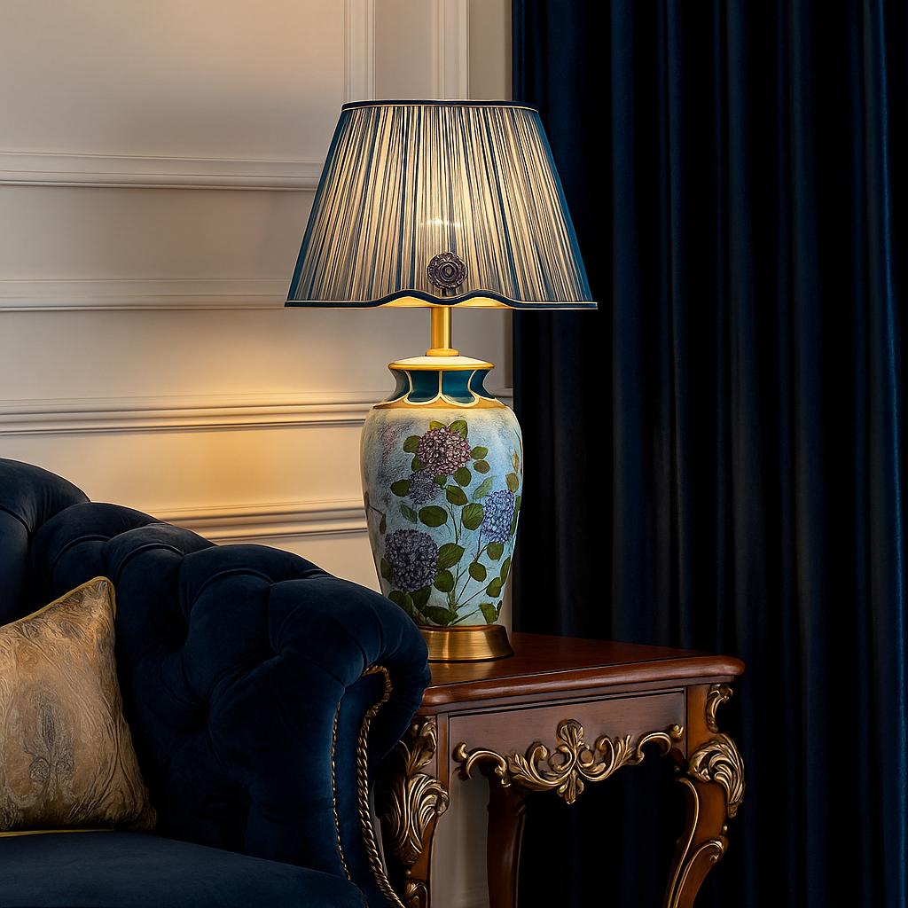 Blue floral ceramic table lamp with pleated blue shade and gold accents glowing warmly on a carved wooden side table enhancing elegant living room decor.