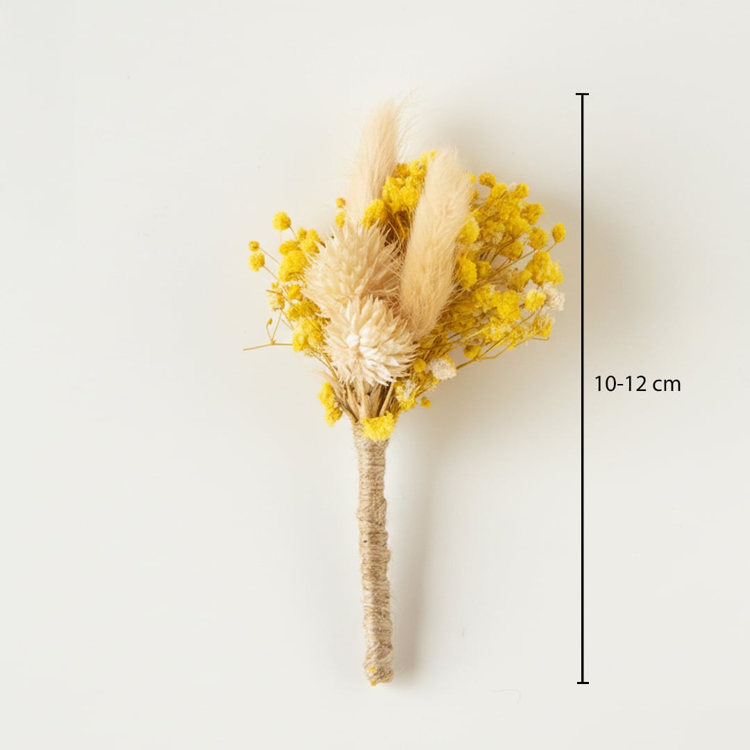 Yellow dried flower bouquet with soft grass accents showing height 10 to 12 cm perfect for tabletop vase and cheerful Decor.