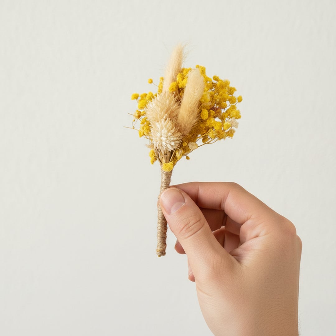 Natural dried flower bouquet with yellow florals wheat stems and soft textures designed for elegant shelf and table Decor.
